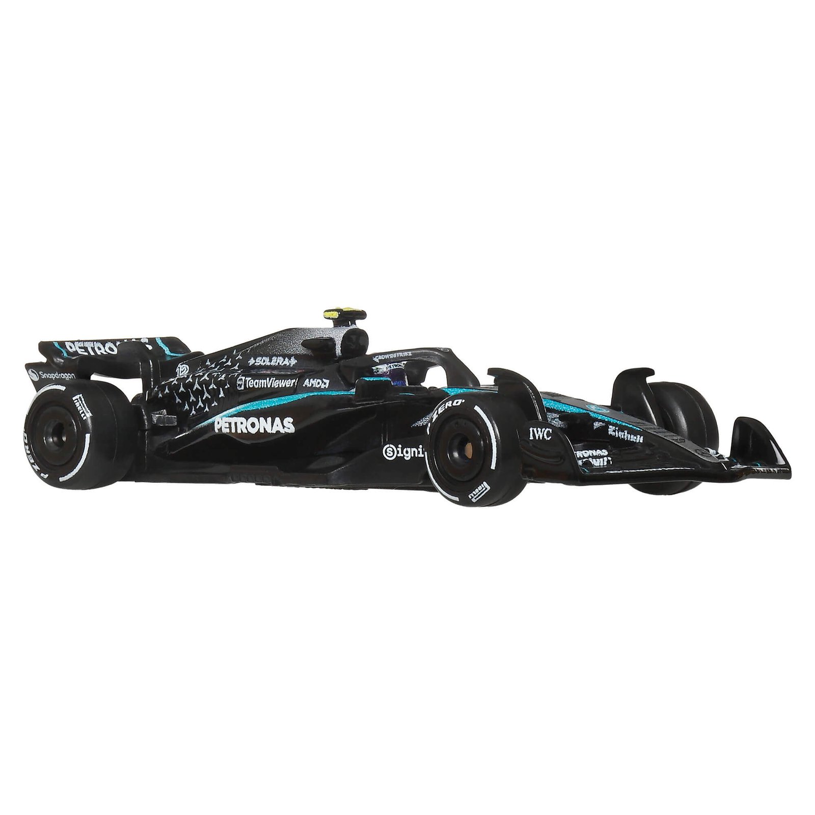 Mercedes F1 bolidas iš kito šono – juodas kėbulas su turkio spalvos akcentais