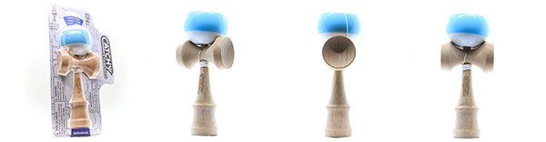 Mėlyna kendama ir jos pakuotė iš kelių pusių