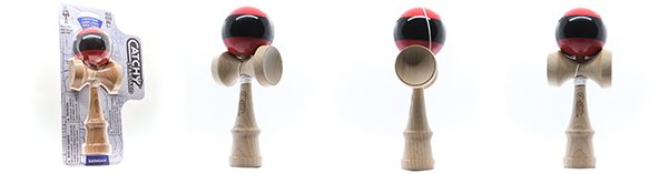 Raudona kendama ir jos pakuotė iš kelių pusių