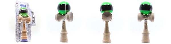 Žalia kendama ir jos pakuotė iš kelių pusių