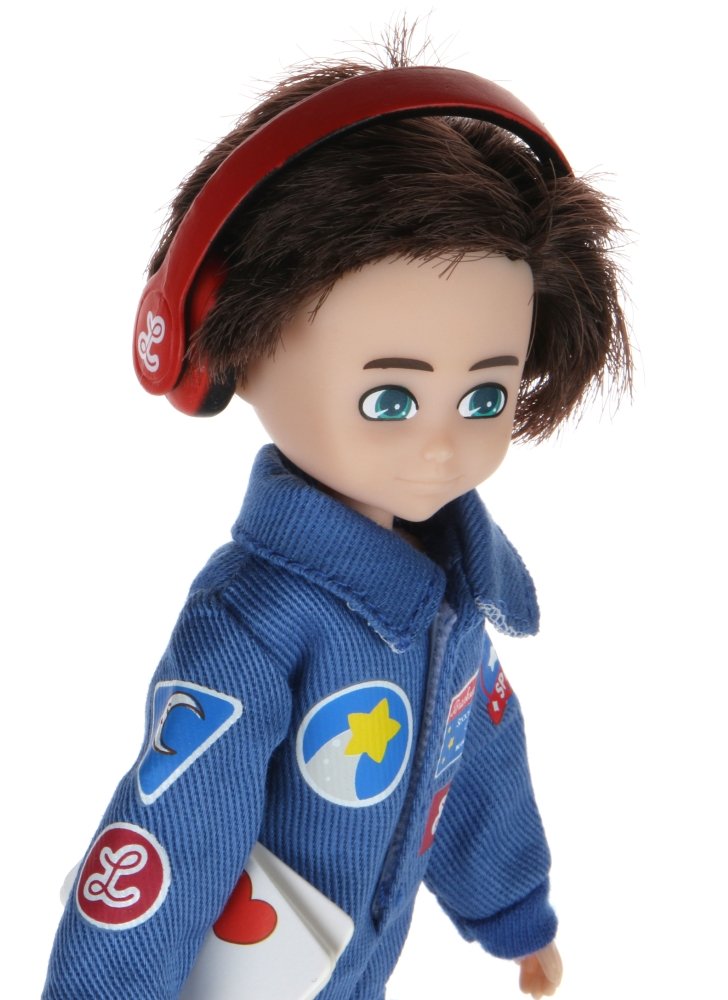Lottie berniukas astronauto treniruočių kombinezonu su emblemomis ir raudonomis ausinėmis