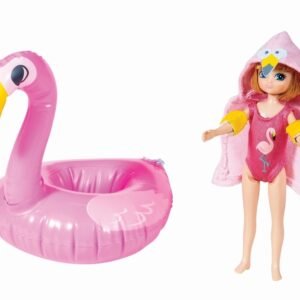 Lėlė su flamingu: rožinis pripučiamas flamingas ir lėlė su rožiniu rankšluosčiu bei geltonomis plaukimo rankovėmis