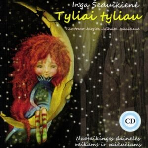 Dainų knygelė „Tyliai tyliau“ su CD – tamsus žvaigždėtas viršelis, raudonplaukė mergaitė ant geltono pusmėnulio