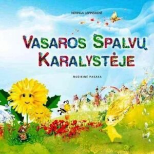 Muzikinė pasaka „Vasaros spalvų karalystėje“ – viršelis su šypsančia saule ir žydinčia pieva su aguonomis