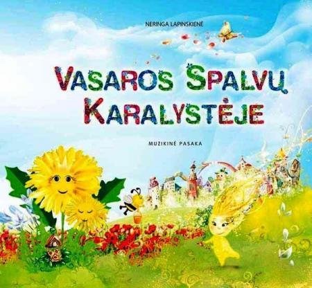 Muzikinė pasaka „Vasaros spalvų karalystėje“ – viršelis su šypsančia saule ir žydinčia pieva su aguonomis