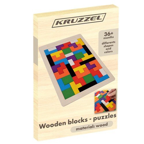 Kruzzel medinis blokelių galvosūkis dėžutėje su užrašu „Wooden blocks – puzzles“ ir ženklu 36+ mėn.