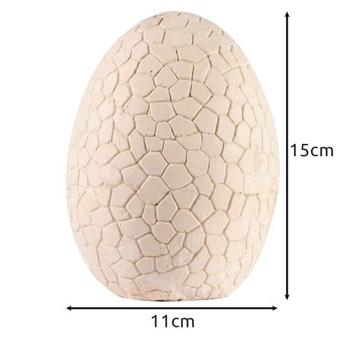 Smėlio spalvos dinozauro kiaušinis su raštuotu paviršiumi – 15 cm aukščio ir 11 cm pločio