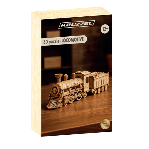 3D medinė dėlionė garvežys Kruzzel dėžutėje su užrašu „3D puzzle – Locomotive“ ir ženklu 12+