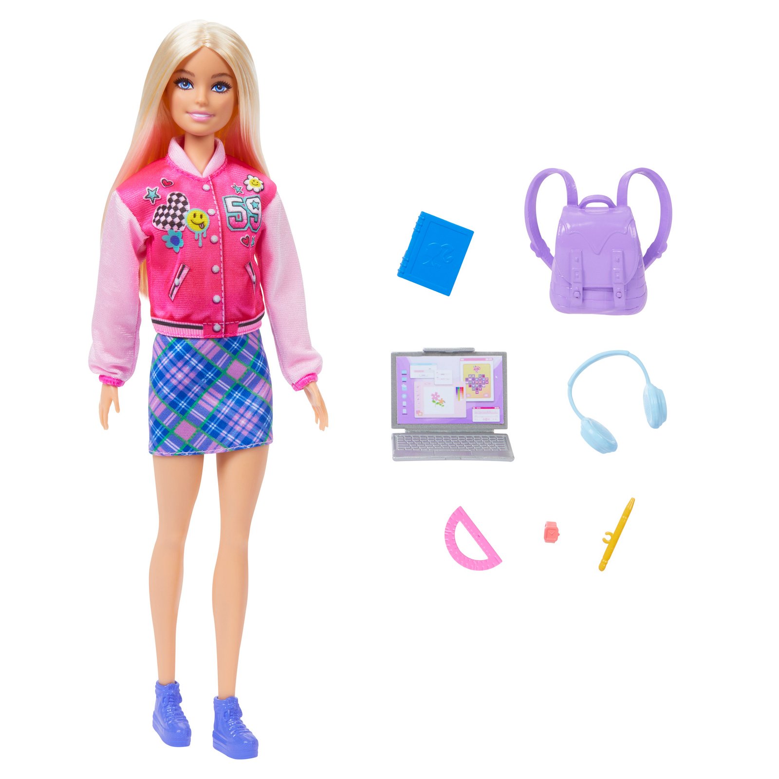 Šviesiaplaukė Barbie ir 7 mokyklos priedai: kuprinė, kompiuteris, ausinės, knygelė, matlankis