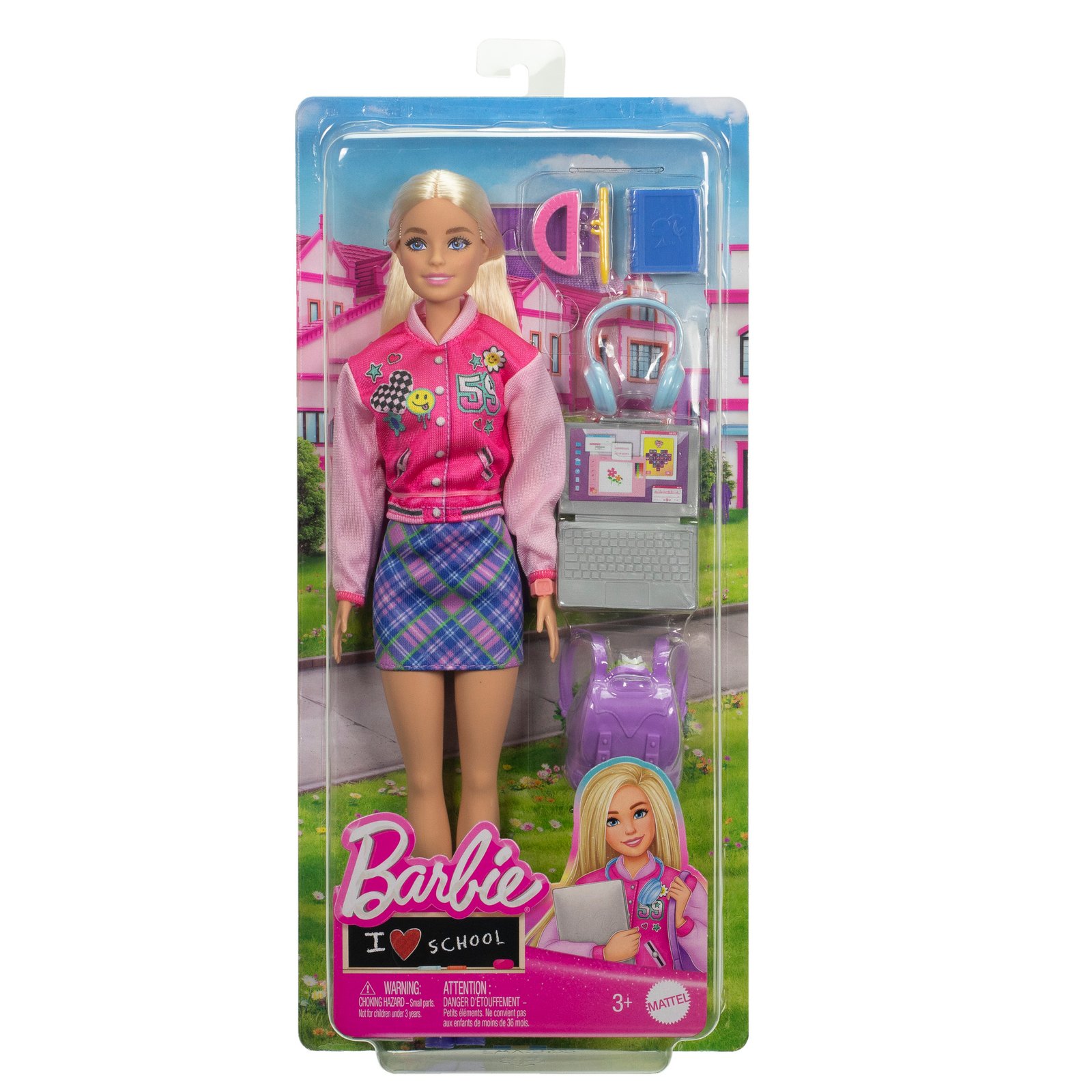 Barbie Back to School lėlė pakuotėje su užrašu „I ♥ School“ ir priedais