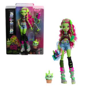 Monster High Venus McFlytrap lėlė su augintiniu Chewlian prie pakuotės