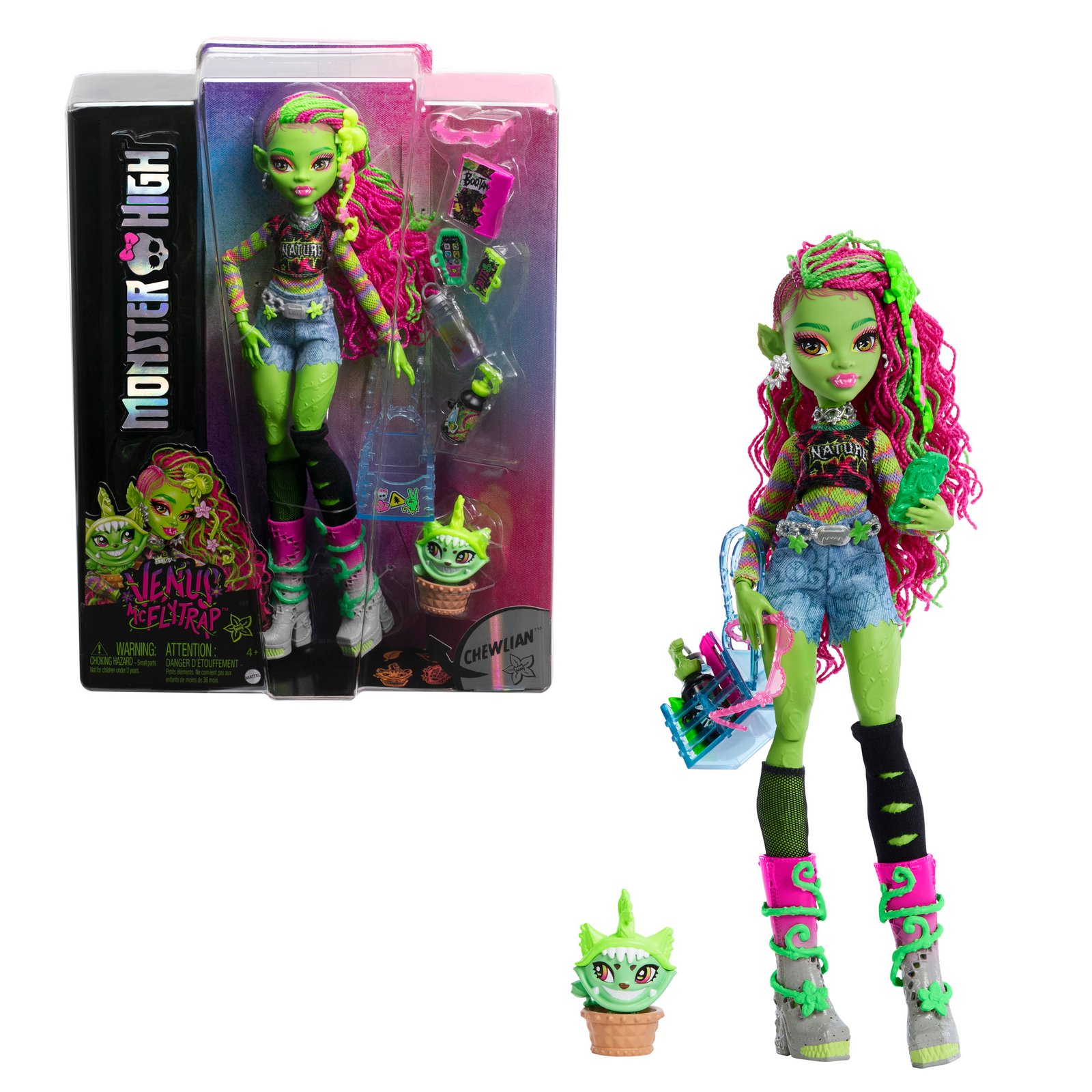 Monster High Venus McFlytrap lėlė su augintiniu Chewlian prie pakuotės