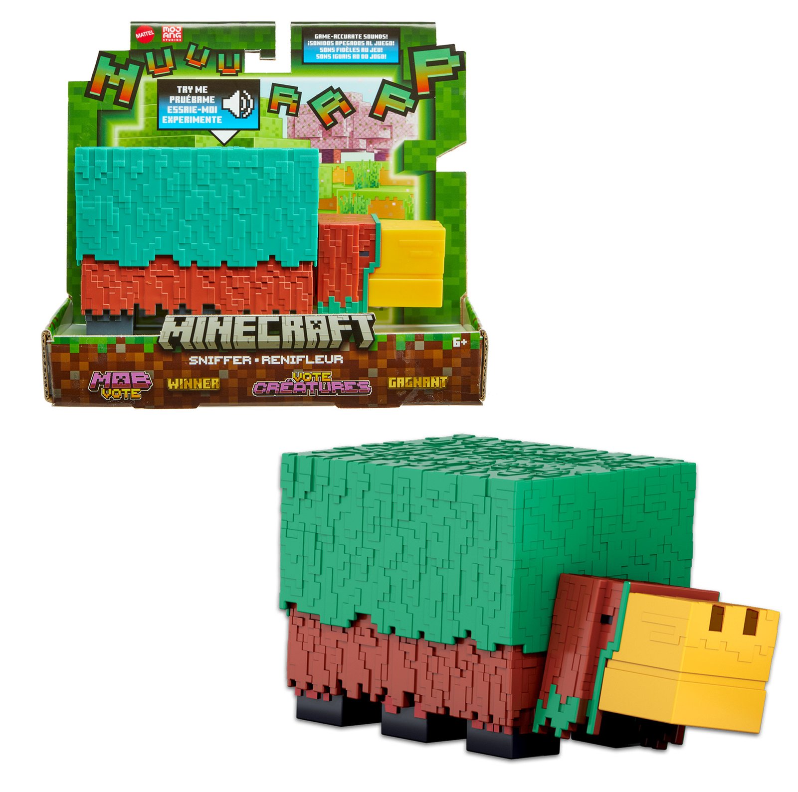 Minecraft Sniffer figūrėlė pakuotėje ir greta be pakuotės