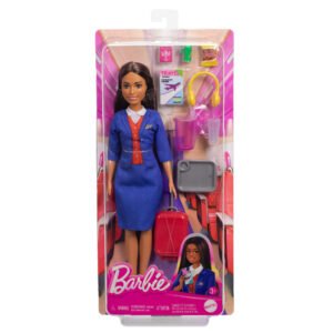 Barbie lėlė stiuardesė pakuotėje su lagaminu, ausinėmis, padėklu ir kitais priedais