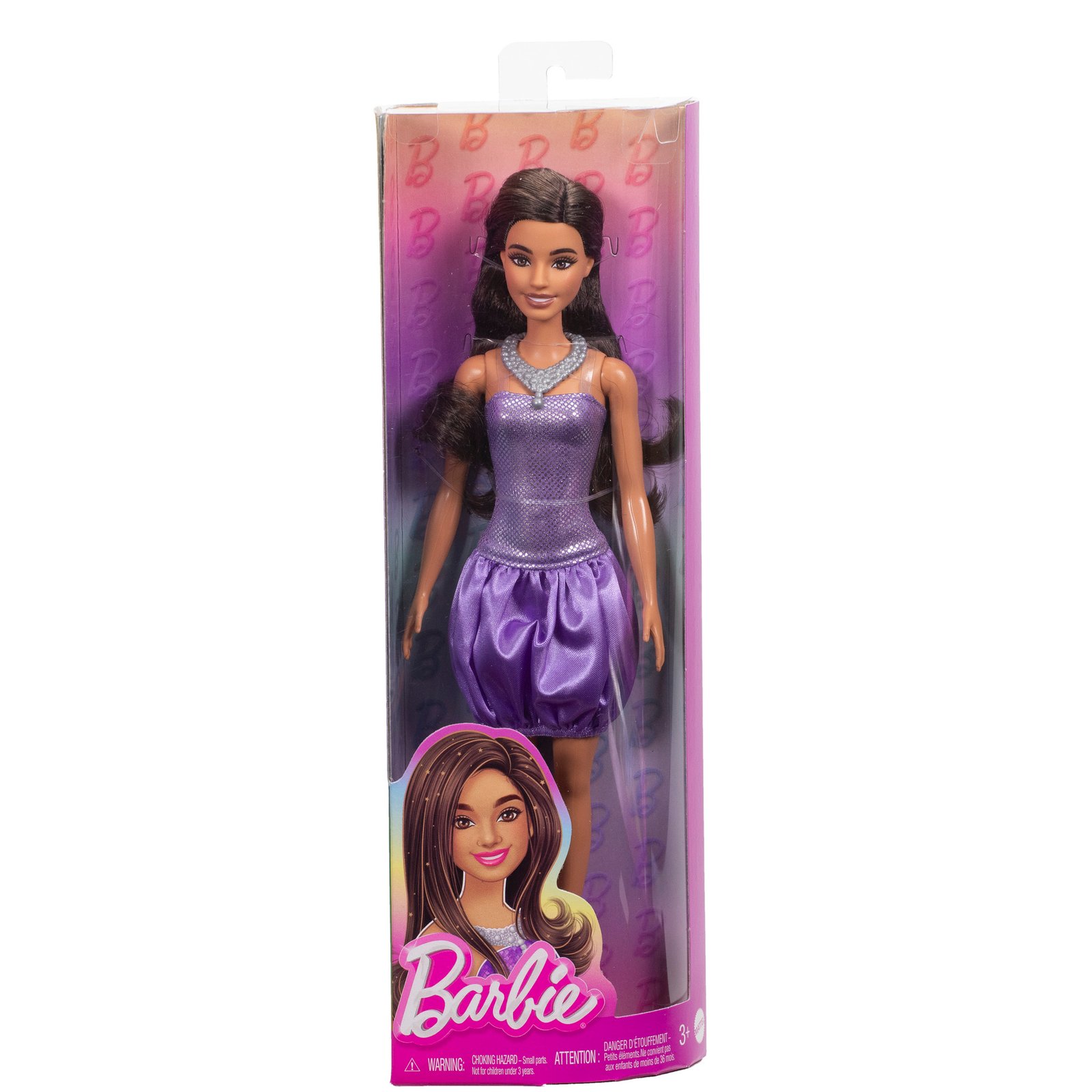 Barbie madistė violetine suknele pakuotėje – tamsiaplaukė lėlė su sidabriniu vėriniu