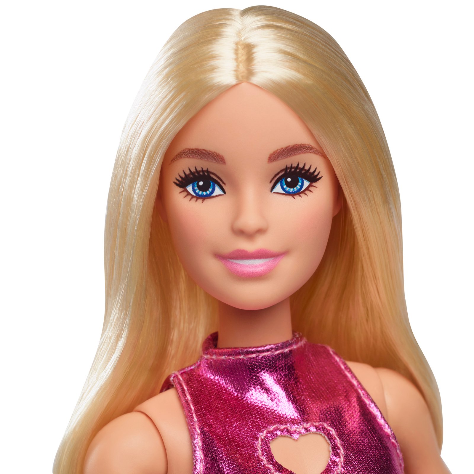Barbie lėlės veidas ir lygūs palaidi šviesūs plaukai iš arti
