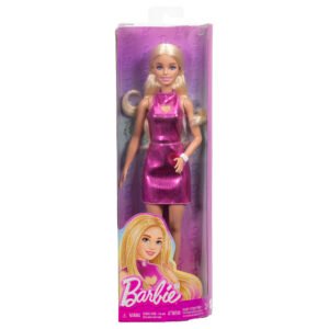 Barbie madistė su blizgančia suknele pakuotėje – šviesiaplaukė lėlė rožine minisuknele