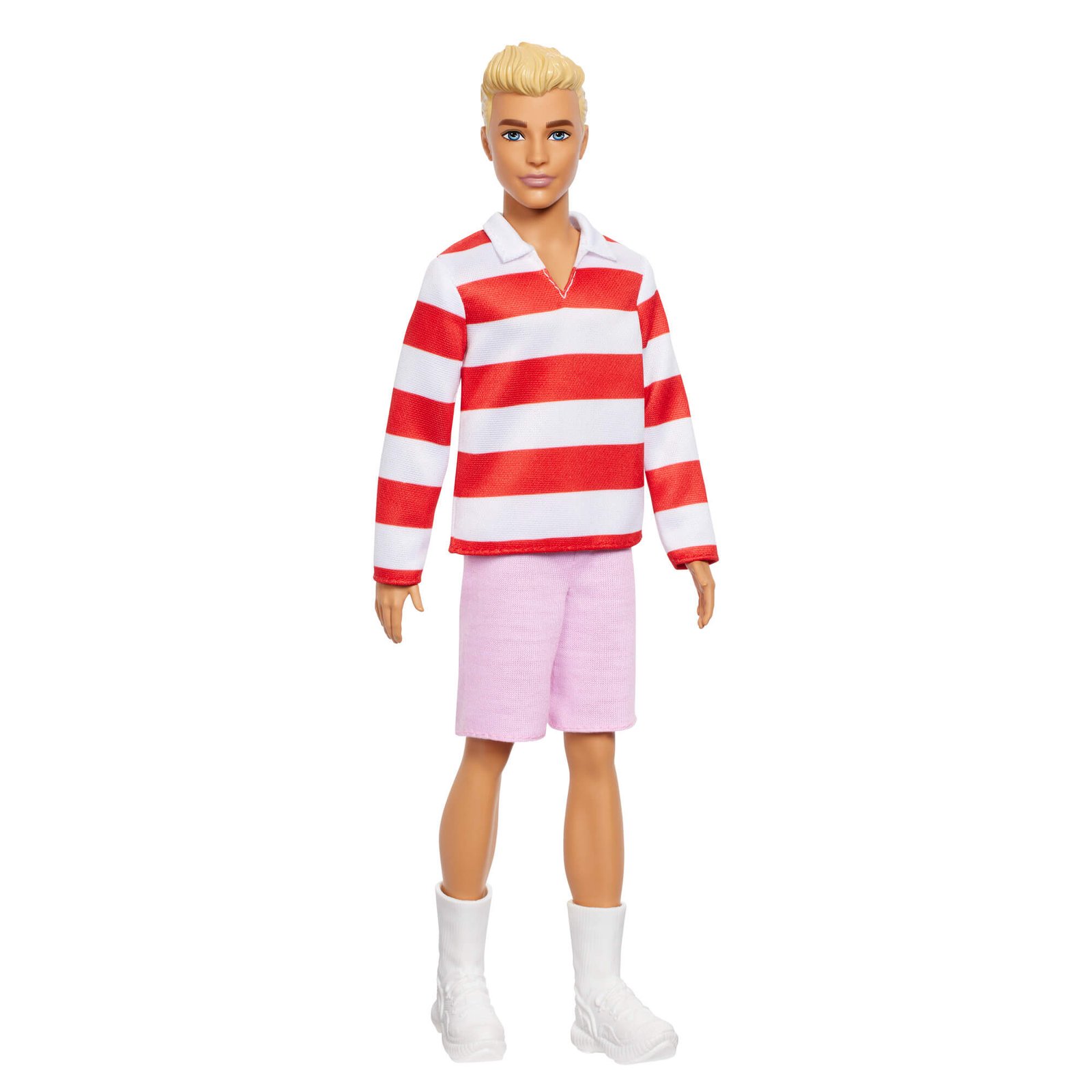 Barbie Kenas dryžuota palaidine ir šviesiai rožiniais šortais baltame fone