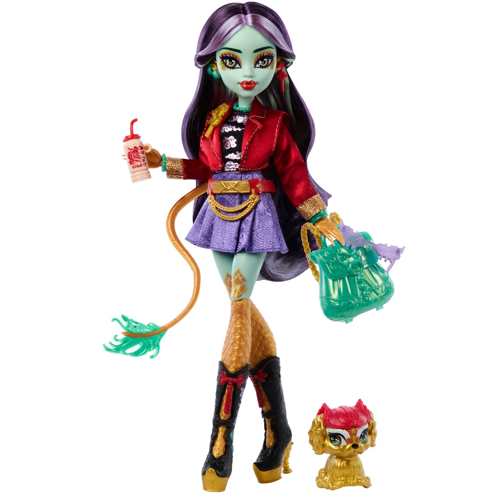 Monster High Jinafire Long lėlė raudonu švarkeliu su šuniuku Yun Yun