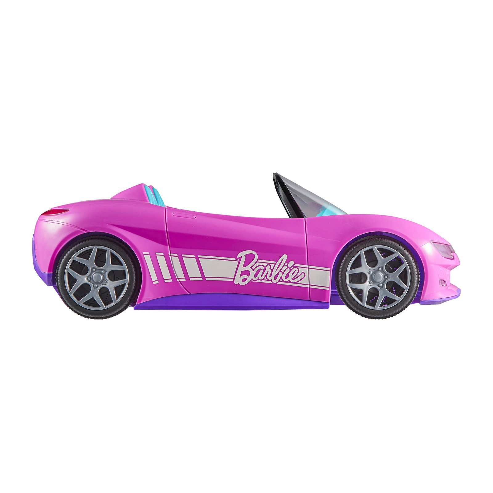Rožinis nuotolinio valdymo kabrioletas iš šono su baltu Barbie užrašu