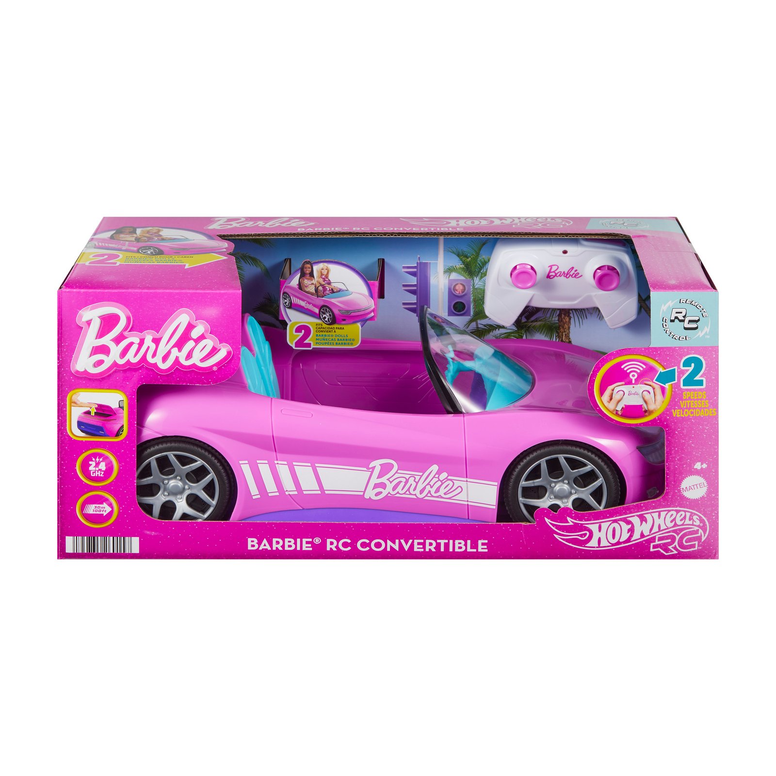 Barbie RC Convertible pakuotė su baltu pulteliu ir dviejų greičių ženklu