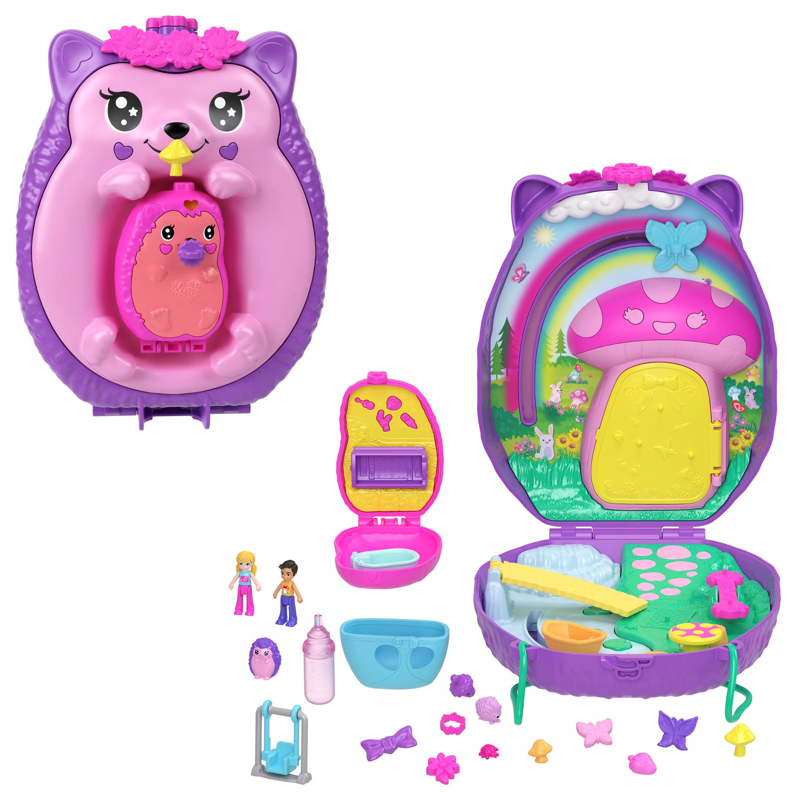 Polly Pocket ežiukas mama su mažyliu, atverti kompaktai ir priedai