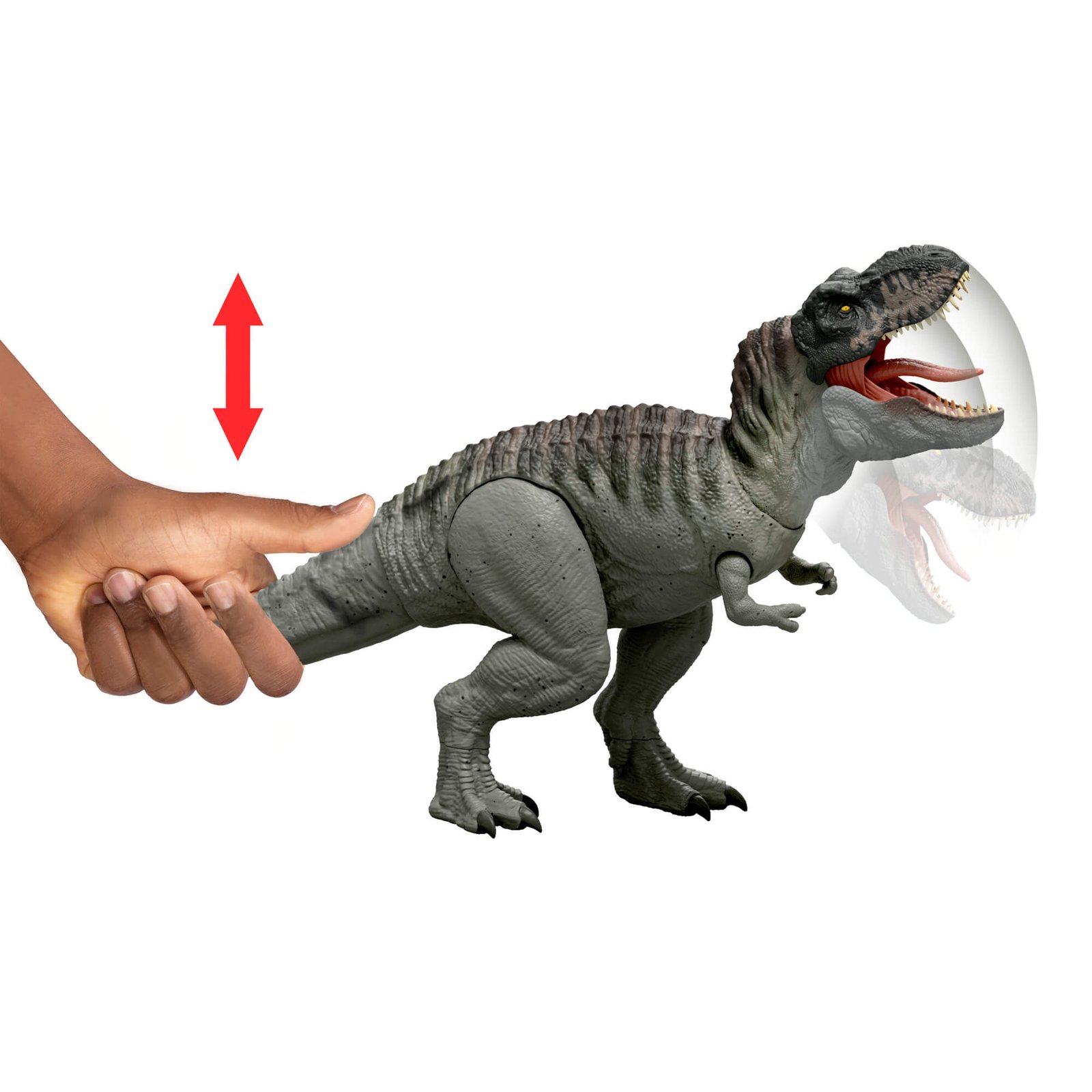 Judinant uodegą aukštyn ir žemyn T. rex kilnoja galvą ir atveria nasrus