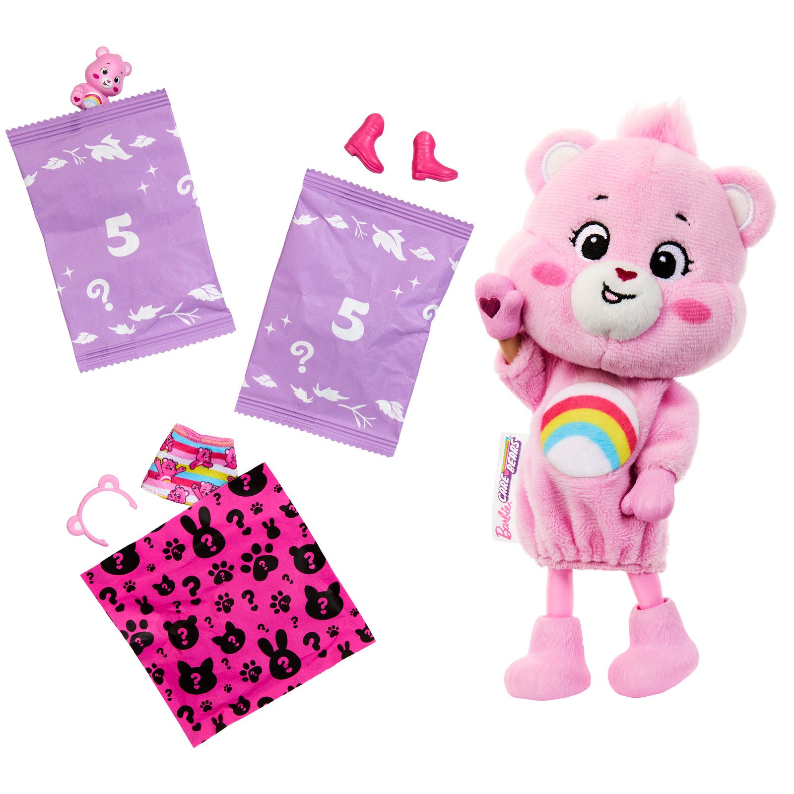 Rožiniu Cheer Bear kostiumu aprengta lėlytė, siurprizų maišeliai, batukai, sijonėlis ir mini meškiukas