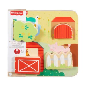 Fisher-Price medinė lenta su ūkio gyvūnais pakuotėje su kartonine juosta ir ženklu 12M+ (nuo 12 mėnesių)