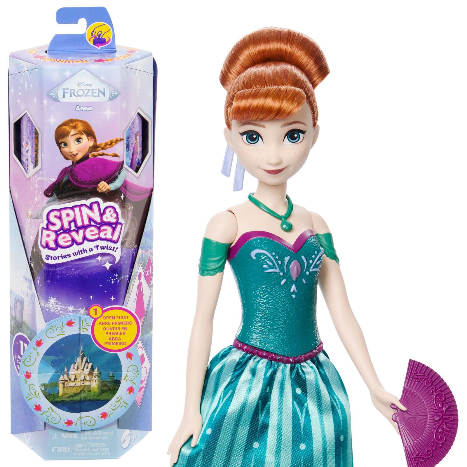 Ana Spin and Reveal siurprizas – Disney Frozen pakuotė ir Anos lėlė žalsva suknele su vėduokle