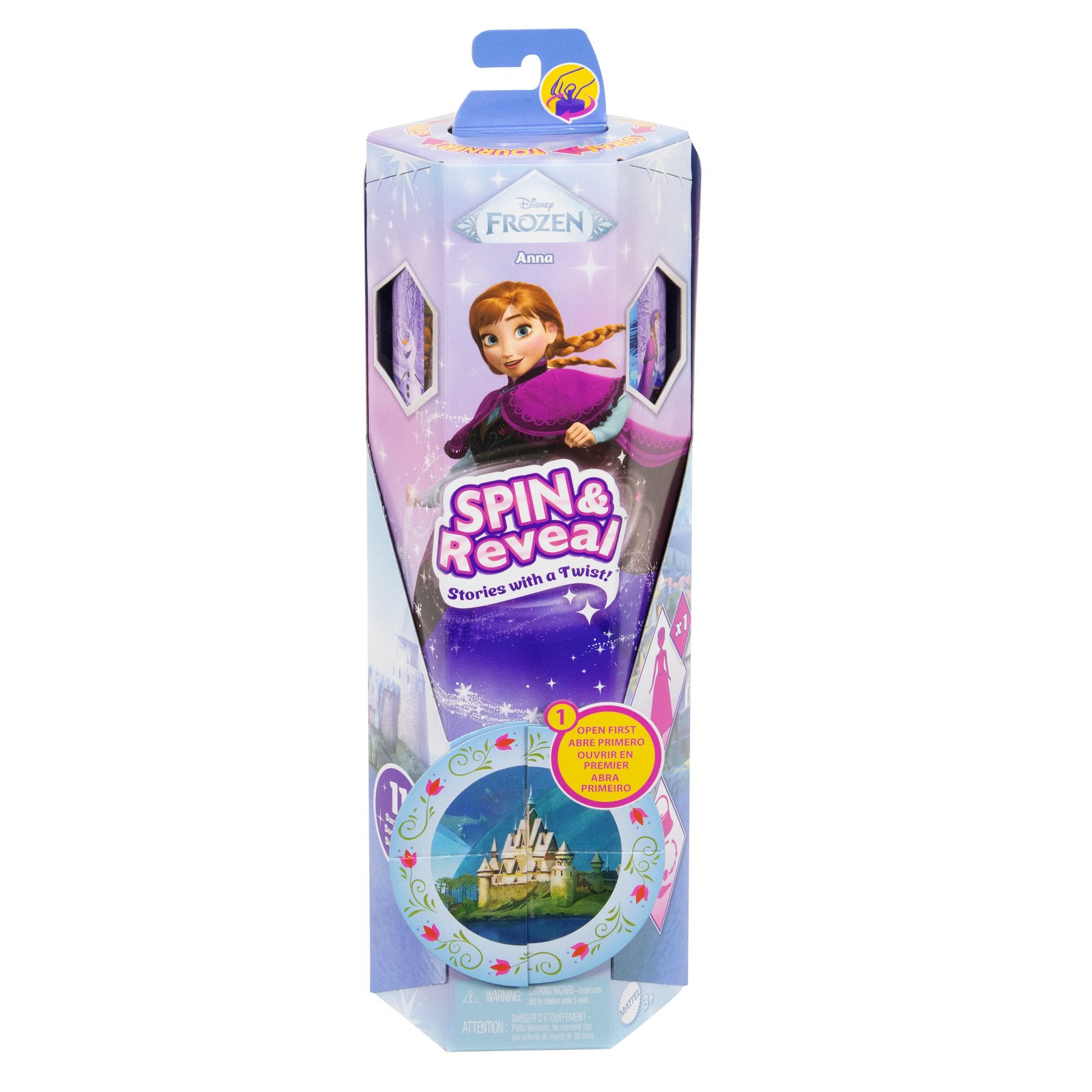 Šešiakampė Disney Frozen Spin & Reveal dėžutė su Arendelės pilimi ir užrašu „Open first“