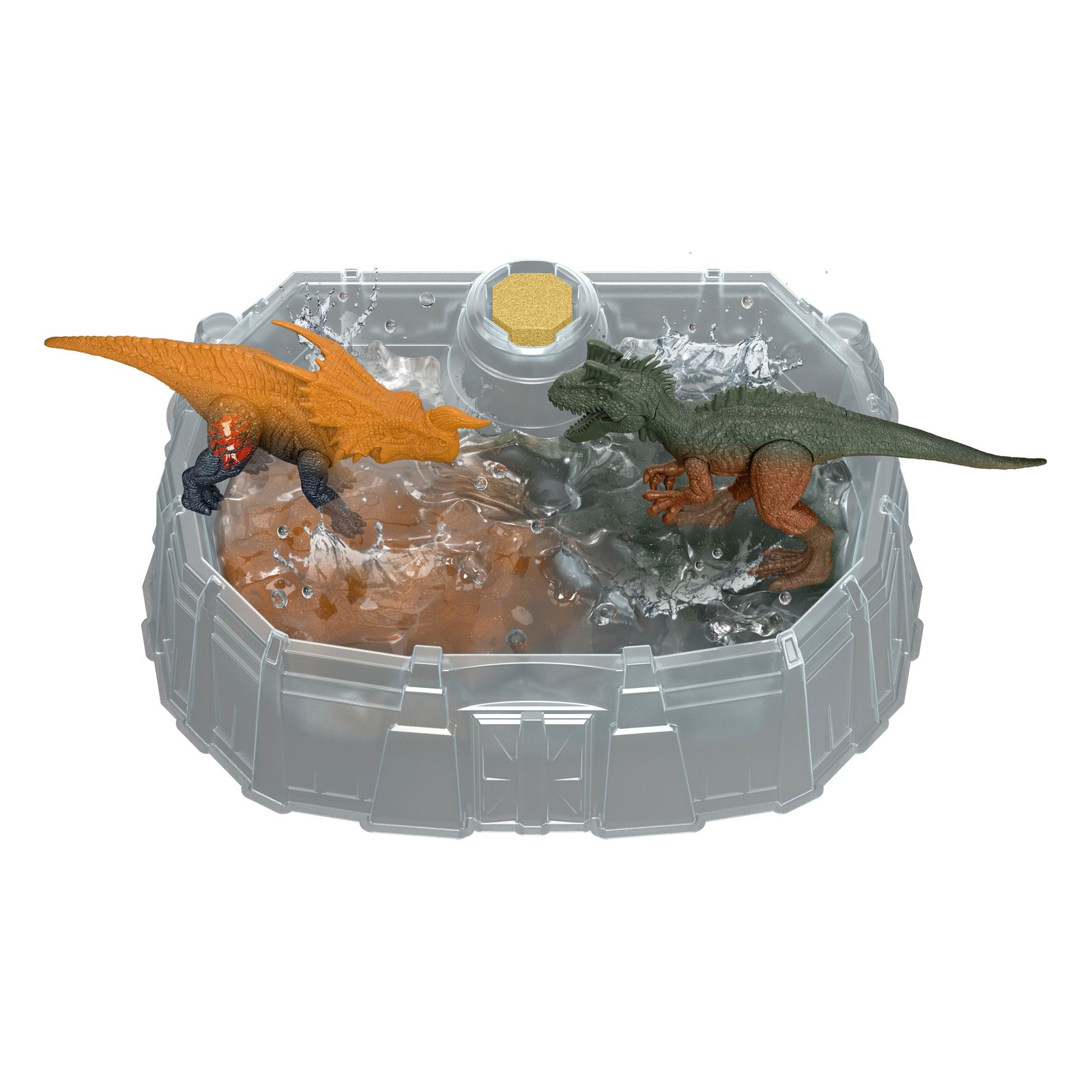Dinozaurai kovoja vandens pripildytoje Dino Reveal arenoje