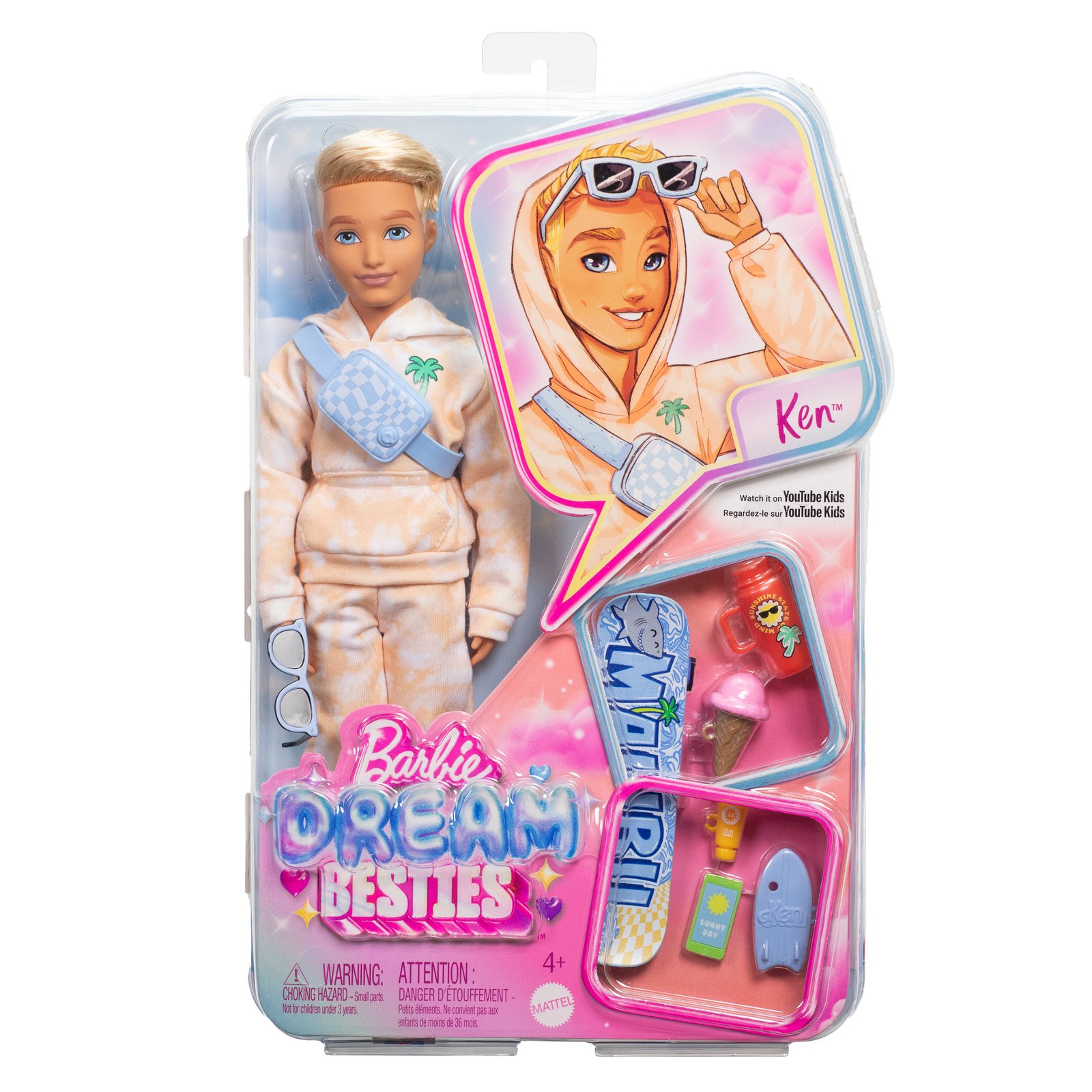 Barbie Dream Besties Kenas pakuotėje su riedlente, gertuve, ledais ir telefonu
