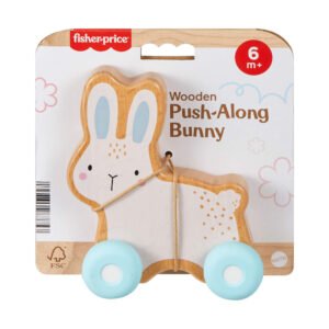 Fisher-Price medinis stumdomas triušiukas ant kartoninės pakuotės kortelės su ženklu 6M+ (nuo 6 mėnesių)
