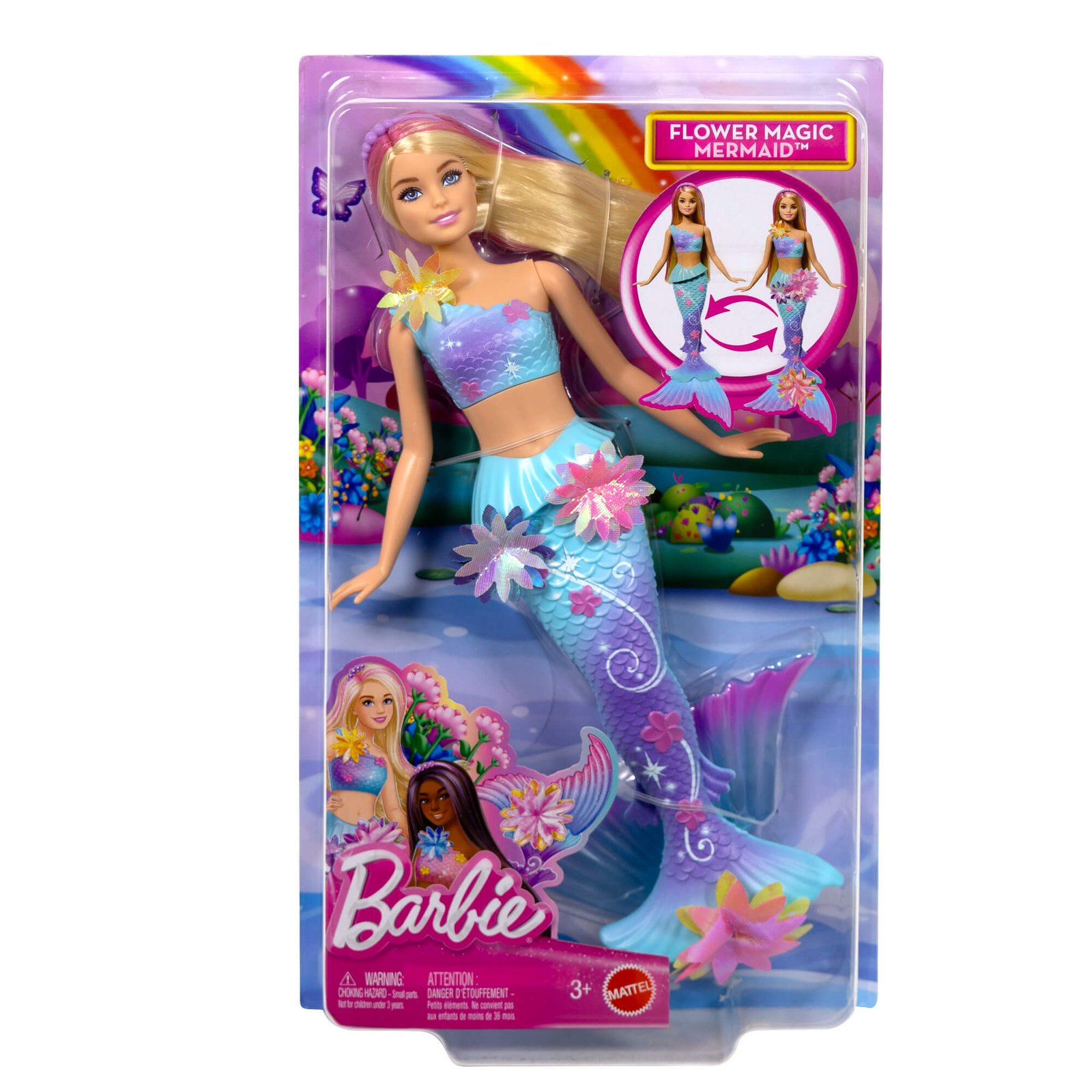 Barbie Flower Magic undinėlė pakuotėje su užrašu „Flower Magic Mermaid“