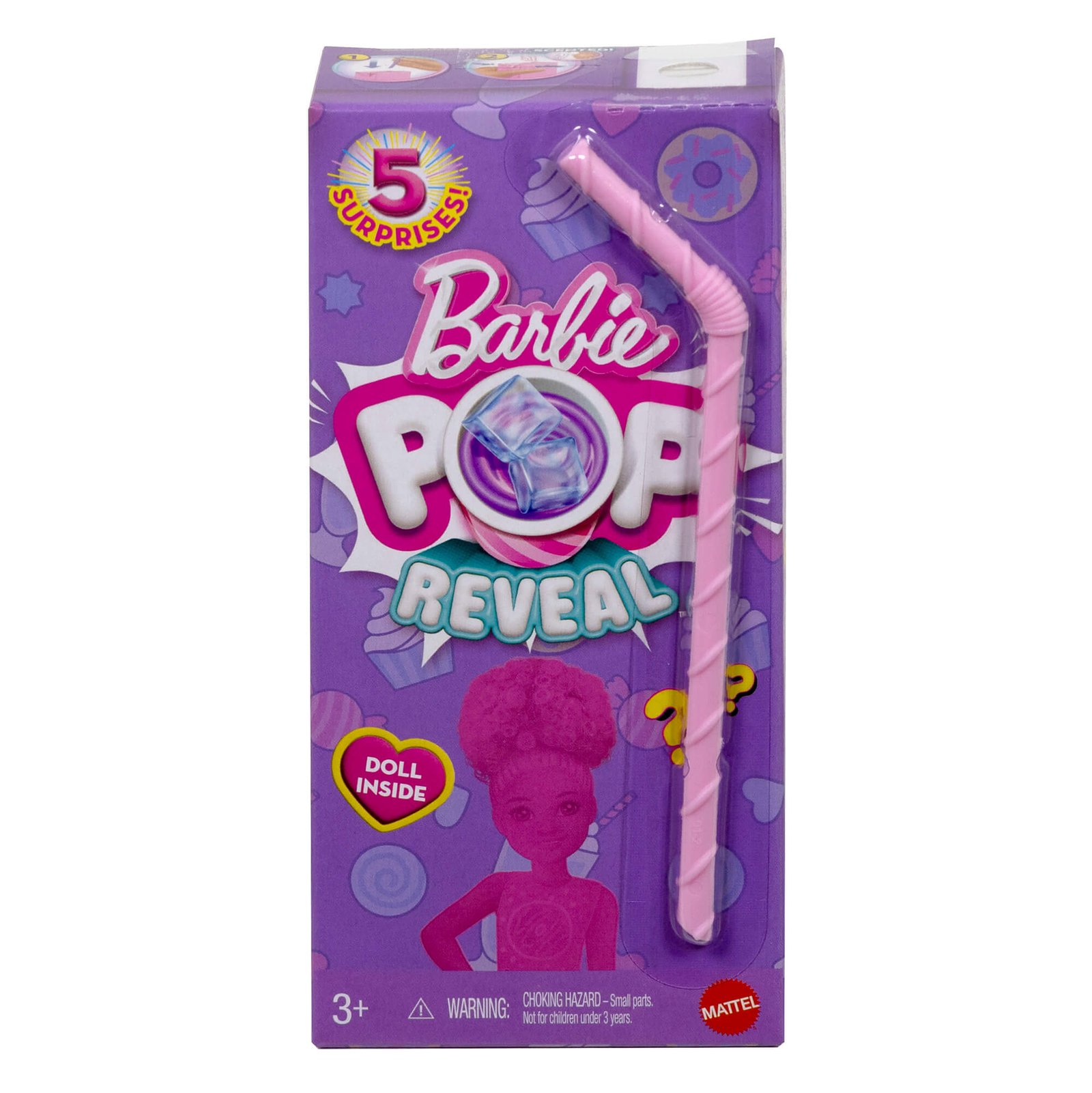Gėrimo pakelį primenanti Barbie Pop Reveal dėžutė su šiaudeliu