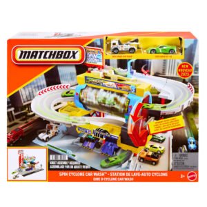 Matchbox automobilių plovykla „Spin Cyclone Car Wash“ pakuotėje su sportiniu automobiliu ir vilkiku
