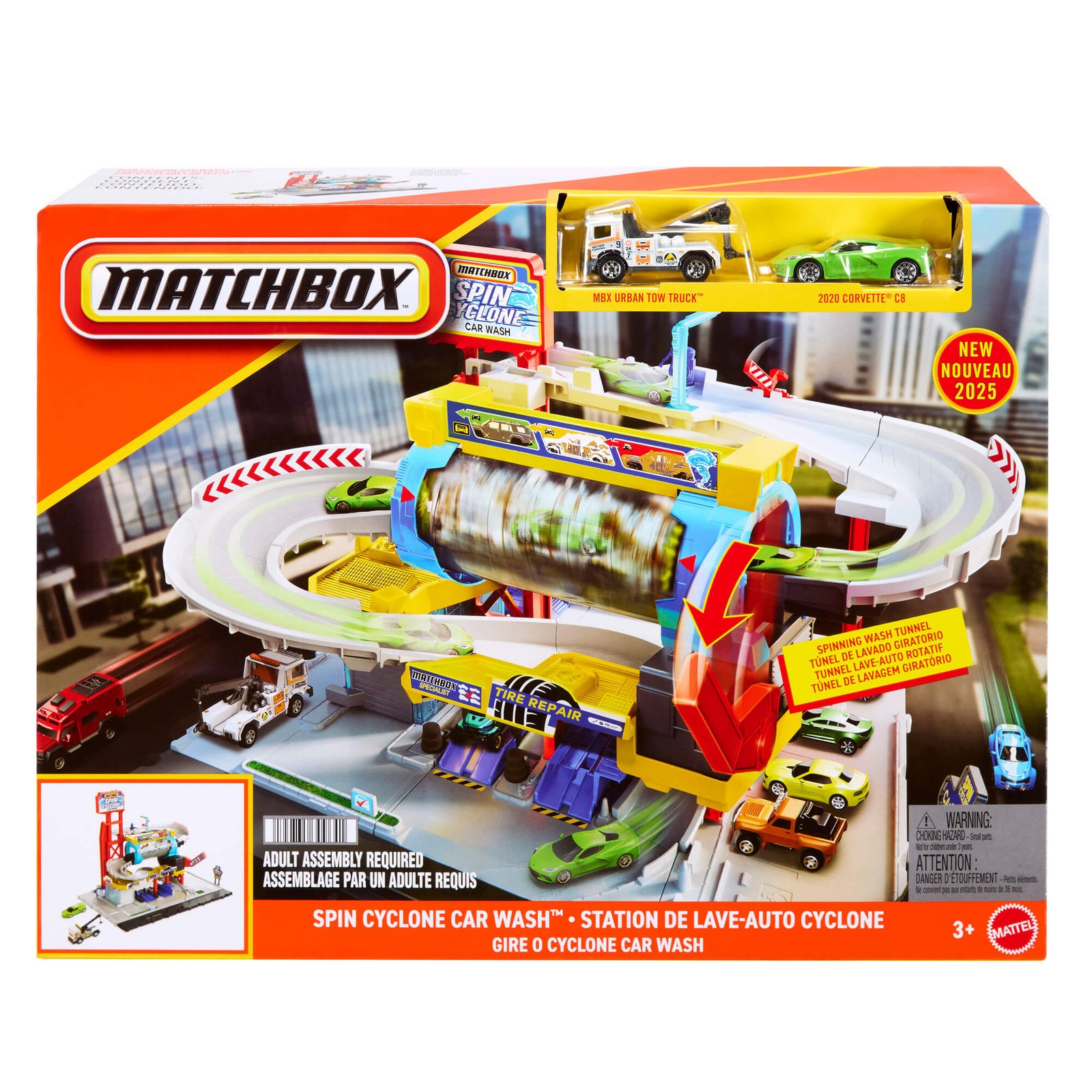 Matchbox automobilių plovykla „Spin Cyclone Car Wash“ pakuotėje su sportiniu automobiliu ir vilkiku