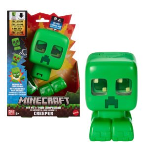 Minecraft interaktyvus Creeper „My Pet“ pakuotėje ir šalia išpakuota figūrėlė