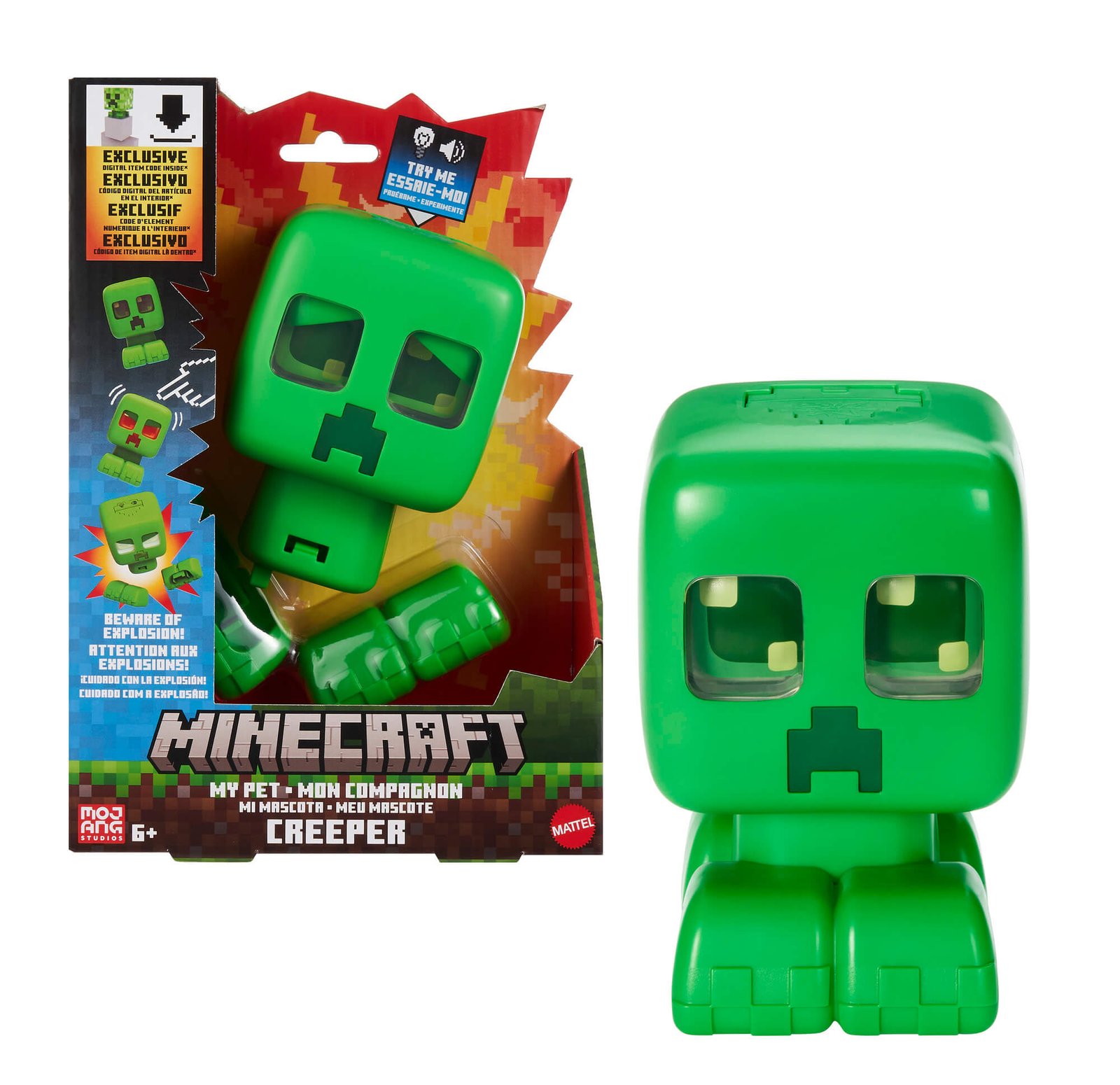 Minecraft interaktyvus Creeper „My Pet“ pakuotėje ir šalia išpakuota figūrėlė