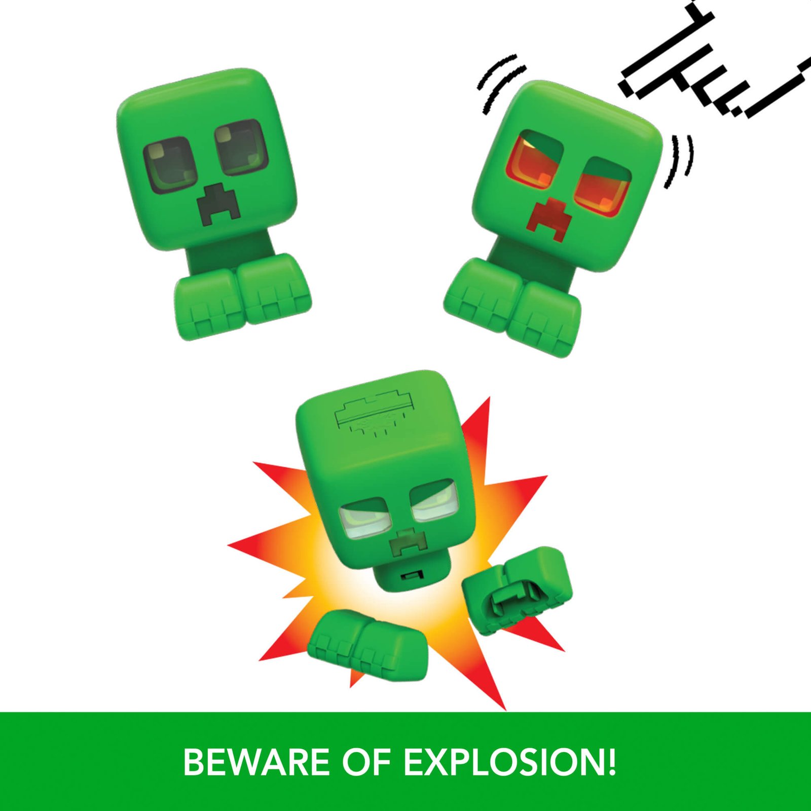 Iliustracija su užrašu „Beware of explosion!“ (saugokis sprogimo): Creeper įsiunta ir sprogsta