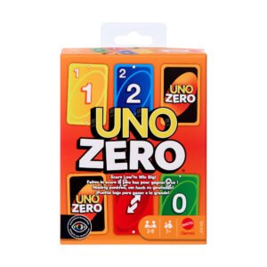 UNO Zero kortos – oranžinė pakuotė su užrašu „Score Low to Win Big“
