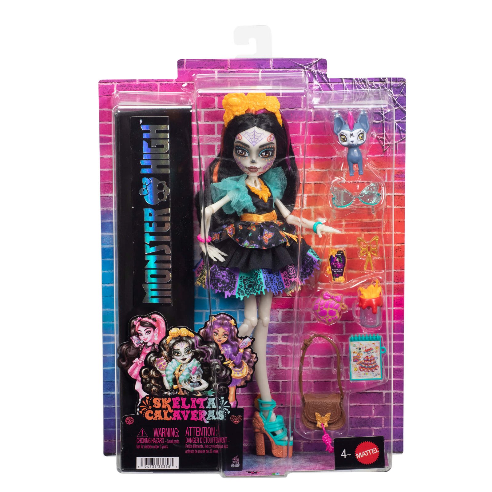 Monster High Skelita Calaveras lėlė pakuotėje su šuniuku Candelita