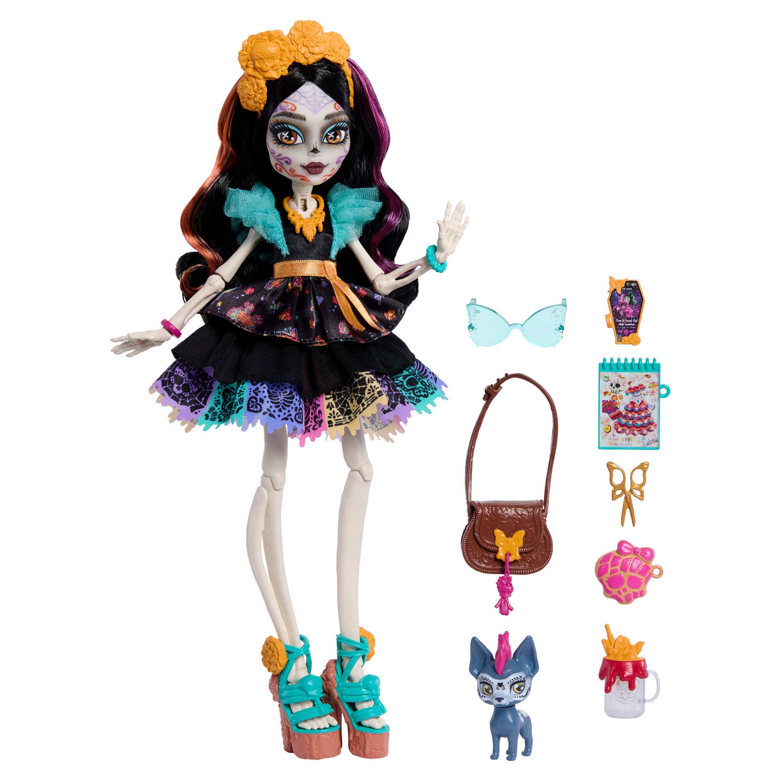 Skelita Calaveras su visais priedais ir šuniuku baltame fone