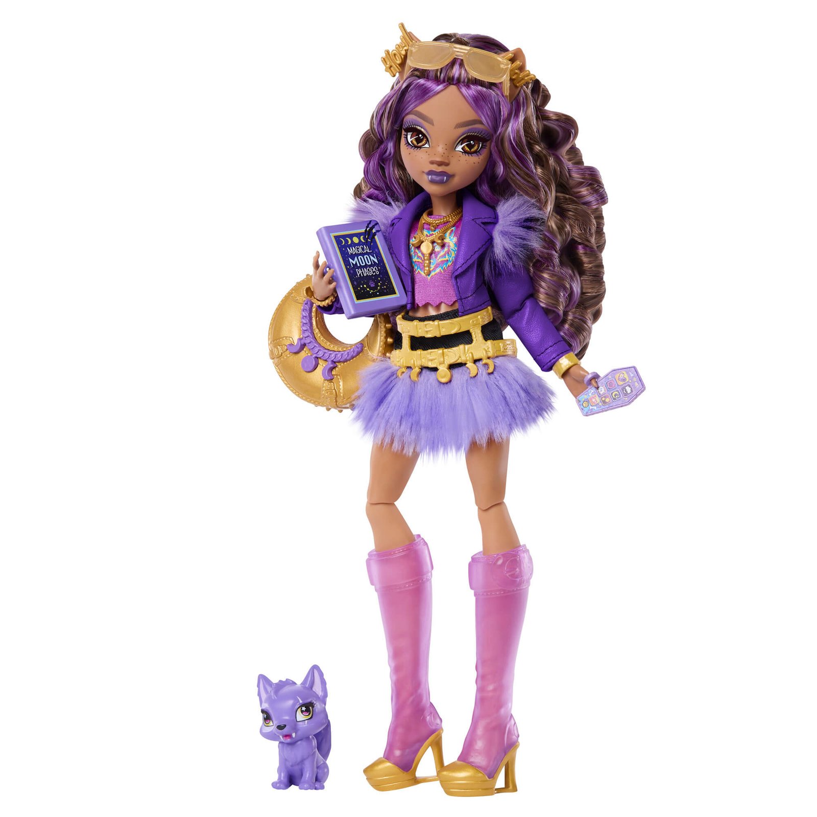 Clawdeen Wolf alyviniu sijonu ir rausvais batais su violetiniu vilkiuku