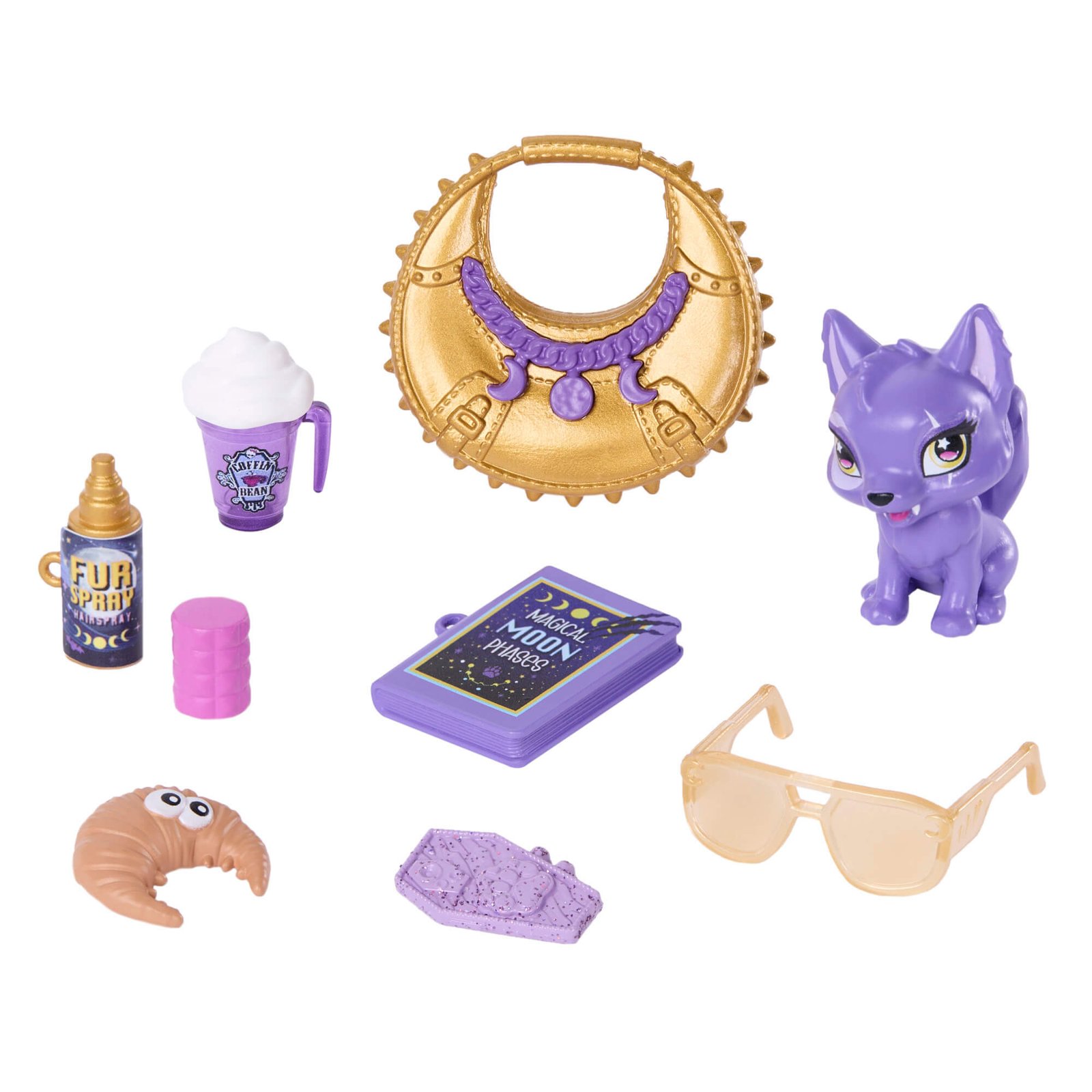 Lėlės Clawdeen Wolf priedai: auksinė rankinė, planšetė, gėrimas, kruasanas ir akiniai