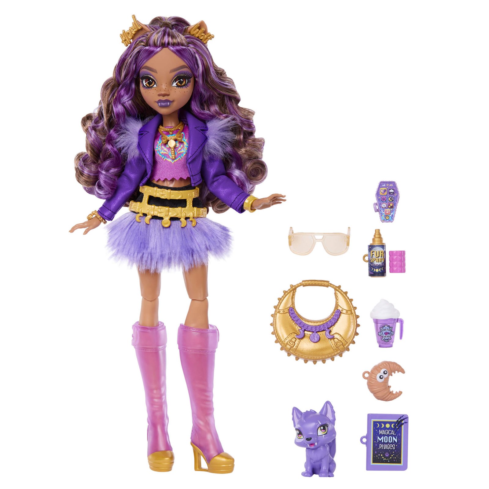 Clawdeen Wolf visu ūgiu šalia rinkinio priedų ir vilkiuko