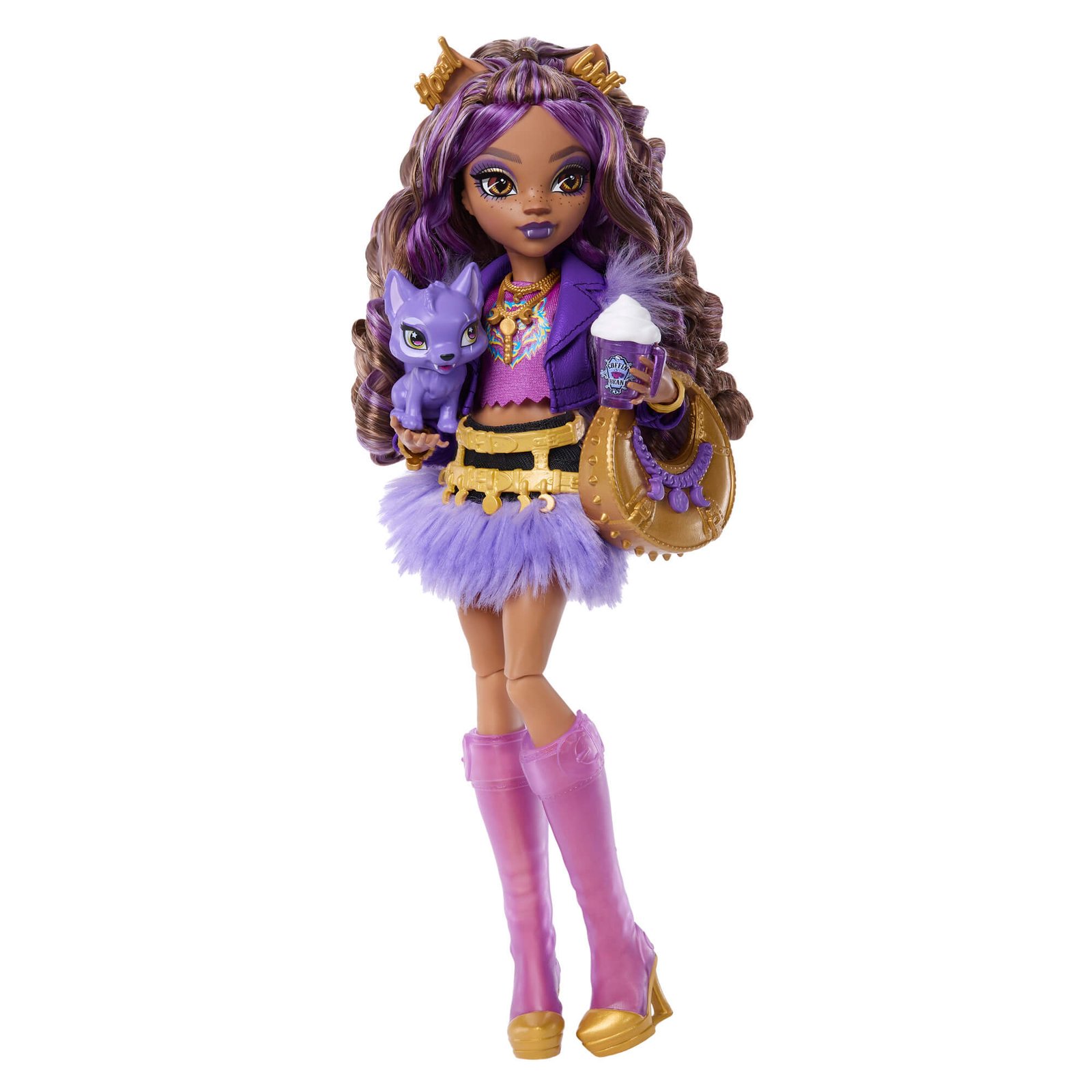 Lankstoma Clawdeen Wolf lėlė pozuoja su vilkiuku ant rankų