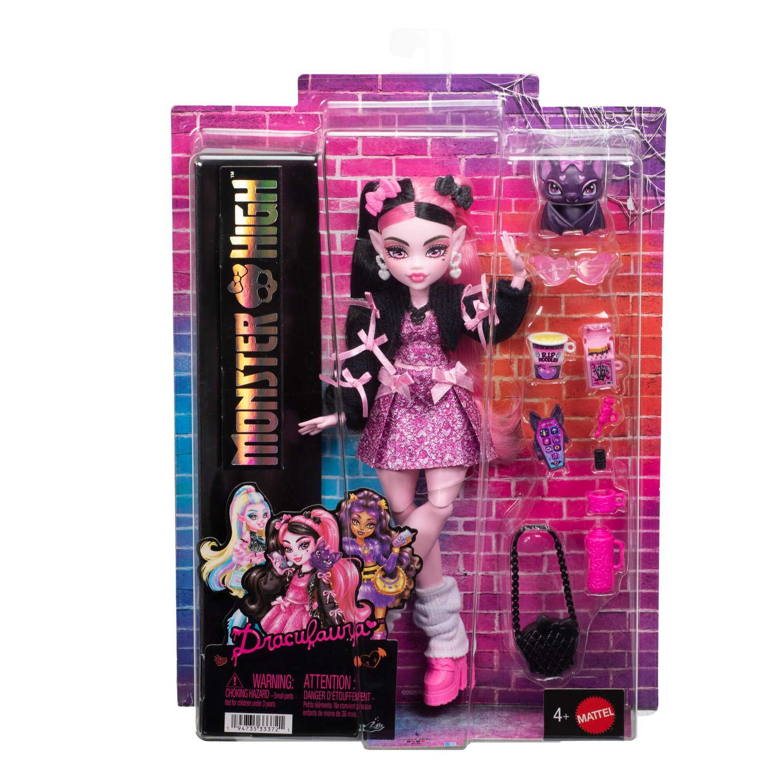 Monster High Draculaura lėlė su šikšnosparniu Count Fabulous pakuotėje