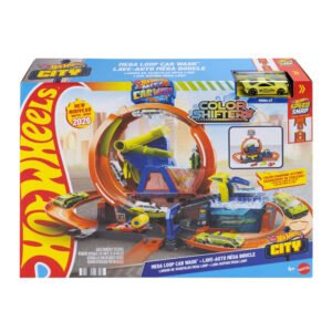 Hot Wheels City mega plovykla pakuotėje – oranžinė kilpa, vandens talpa ir geltonas automodeliukas